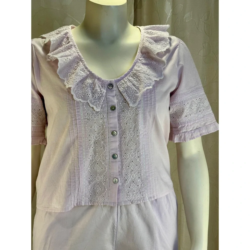 Women's‎ Medium Pink Pajama Set Ruffle Collar Top & Shorts Boho Cottagecore